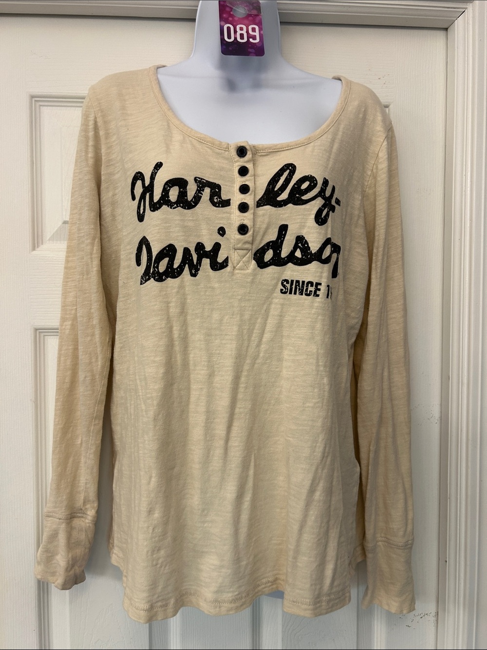 Harley-Davidson Cream Long Sleeve Henley with Black Logo